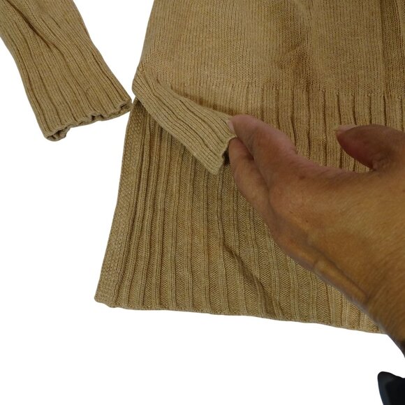 Old Navy Camel Brown Rib Trim V-Neck Sweater Women Size M Long Sleeve Side Slit - Picture 2 of 6